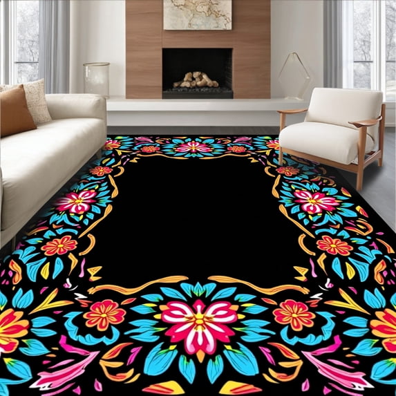 Ultra Soft Area Rug, Whimsical Nature Inspired Design with Elegant Floral and Animal Prints, Non Slip, Stain Resistant, Washable Area Rugs for Living Room, Bedroom(Black, 6X9)