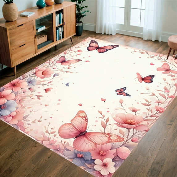 Ultra Soft Area Rug, Floral Insect Motif Pink Hues, Non Slip, Stain Resistant, Washable Area Rugs for Living Room, Bedroom(Pink, 6X9)