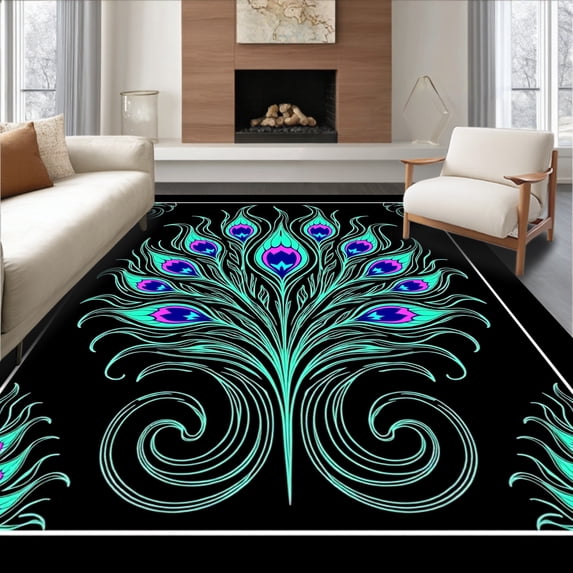 ODIKA 6x9 Machine Washable Non-Slip Area Rug, Peacock Feather Motif Latch Hook Canvas Kit DIY Yarn Needlework Ultra Soft Rug, None, 646118