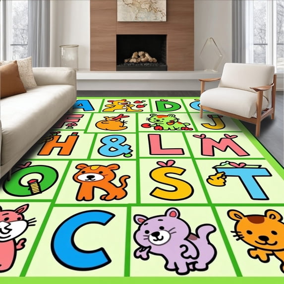 ODIKA 6x9 Machine Washable Non-Slip Area Rug, Whimsical Early Development Knowledge Guide With Illustrated Characters Ultra Soft Rug, None, 692640