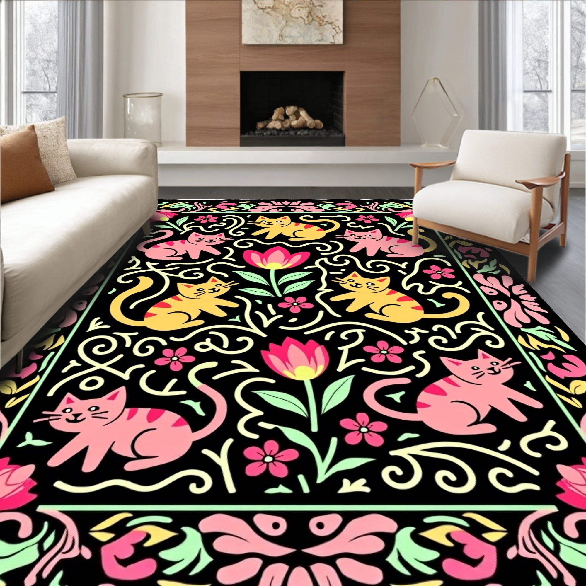 ODIKA 6x9 Machine Washable Non-Slip Area Rug, Whimsical Feline Friends ...
