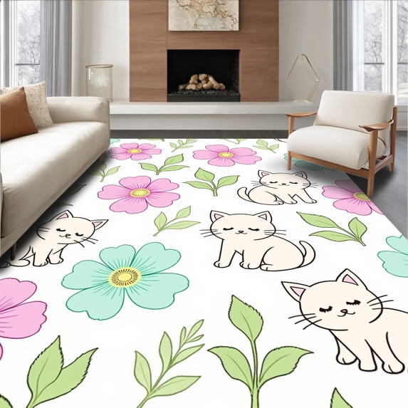 ODIKA 8 Machine Washable Non-Slip Area Rug, Cute Kitten Doodle Collage Fantasy Floral Whisker Art Ultra Soft Rug, None, 515380