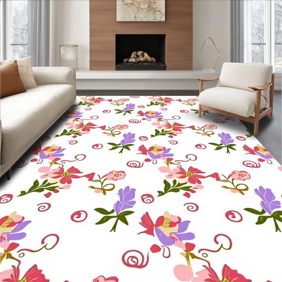 ODIKA 8 Machine Washable Non-Slip Area Rug, Elegant Floral Cascade Featuring Delicate Blossoms and Subtle Curlicues Ultra Soft Rug, None, 542633
