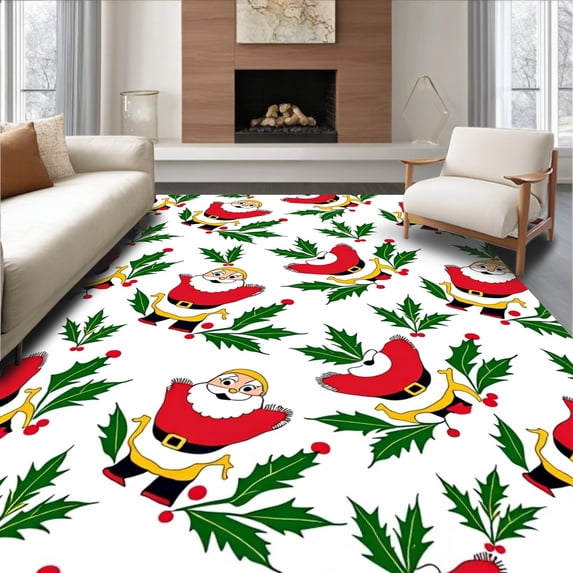 ODIKA 8 Machine Washable Non-Slip Area Rug, Joyful Santa Claus and Reindeer Scene with Decorative Holly Borders Ultra Soft Rug, None, 729267