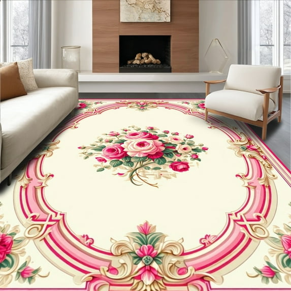 Ultra Soft Area Rug, Coquette Rose Medallion Floral Motif Rug, Non Slip, Stain Resistant, Washable Area Rugs for Living Room, Bedroom(Pink, 8X10)