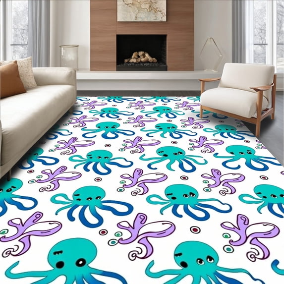 ODIKA 8x10 Machine Washable Non-Slip Area Rug, Enchanting Sea Fantasy Design with Playful Octopus and Jellyfish Ultra Soft Rug, None, 728812