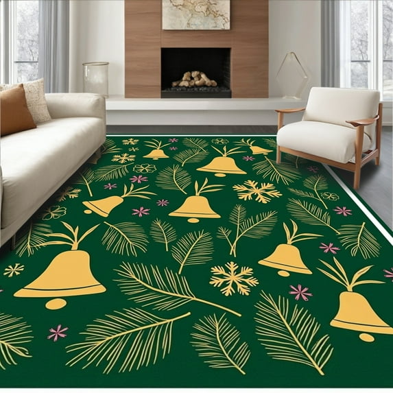 Ultra Soft Area Rug, Festive Golden Bells Pine Branches Snowflakes Christmas, Non Slip, Stain Resistant, Washable Area Rugs for Living Room, Bedroom(Green, 8X10)