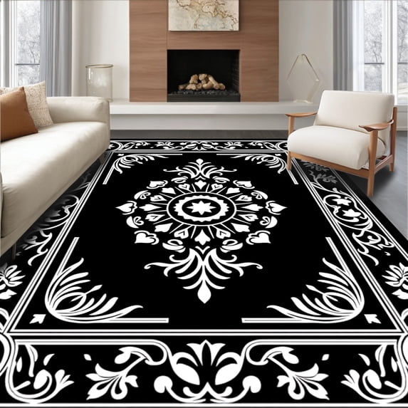 ODIKA 8x10 Machine Washable Non-Slip Area Rug, Floral Medallion Motif with Interlocking Vines and Petal Accents Ultra Soft Rug, None, 553468
