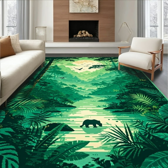 Ultra Soft Area Rug, Fantastical Jungle Expedition Abstract Wildlife Art, Non Slip, Stain Resistant, Washable Area Rugs for Living Room, Bedroom(Green, 8X10)
