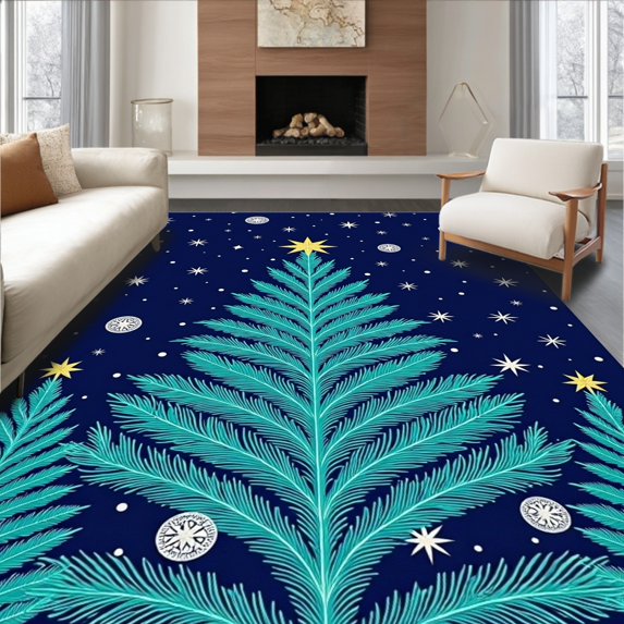 ODIKA 8x10 Machine Washable Non-Slip Area Rug, Starry Night Festive Evergreen Latch Hook Needlework Decoration Ultra Soft Rug, None, 649575