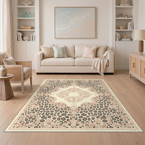 ODIKA Vintage Cheetah Spotted Featuring Central Motif And Floral Edge for Small Living Room, Playroom, Bedroom, Easy Care Kids Safe