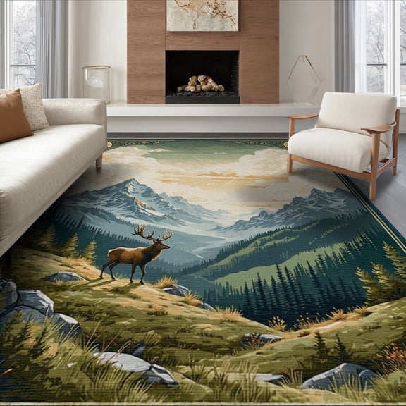 ODIKA Vintage Cloud Mountain Panorama With Hunting Elk And Ornate Frame Foldable Easy Care for Queen Size Bedroom, Under Bed, Master Suite