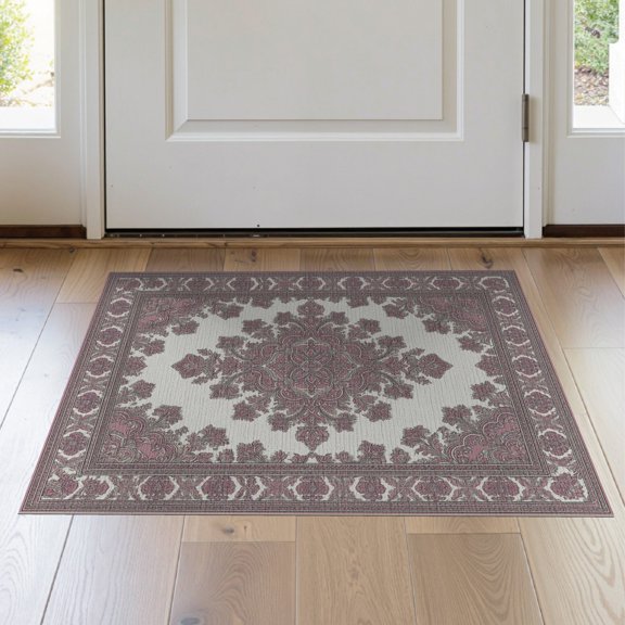 ODIKA Vintage Distressed Faded Field Transitional Border Mauve Solid Refined Stain Resistant Thin Throw for Entryway, Kitchen, Laundry Room