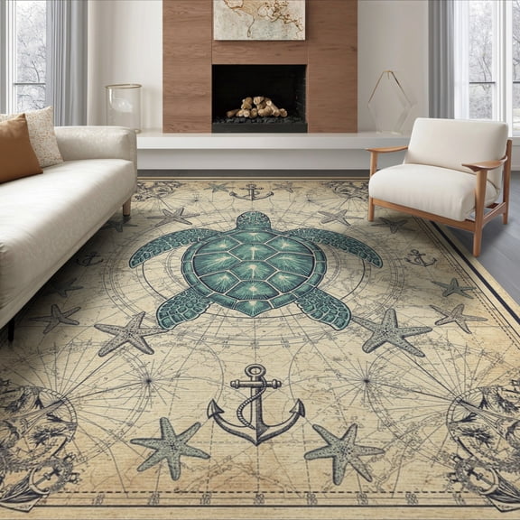 ODIKA Vintage Nautical Chart Ocean Motifs Map Compass Coral Turtle Flowing Dynamic for King Size Bedroom, Master Suite, Under Bed, Foldable Easy Care