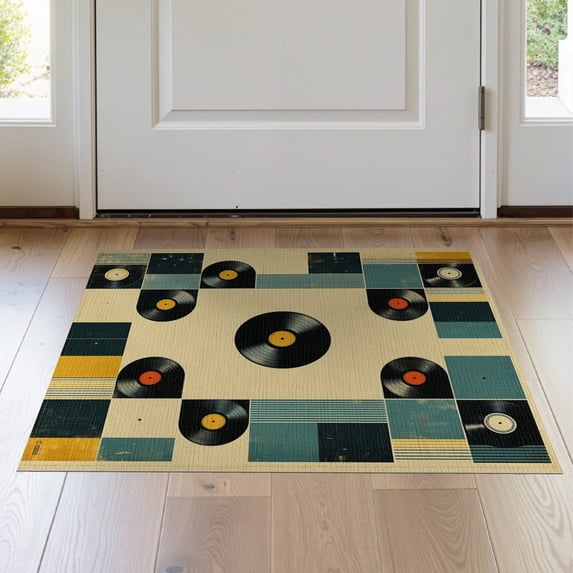 ODIKA 2'x3' Washable Samll Area Rug Non-Slip, Low Pile Vinyl Music Vintage Album Grid Abstract Equalizer Record Minimalist for Entryway, Kitchen, Laundry Room