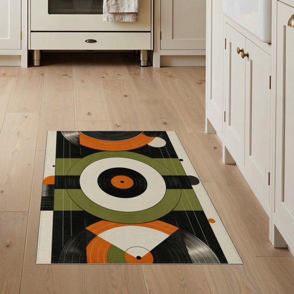 ODIKA Vinyl Record Midcentury Music Notes Retro Album Sleeve Layout Stain Resistant Flatwoven for Entryway, Kitchen, Mudroom