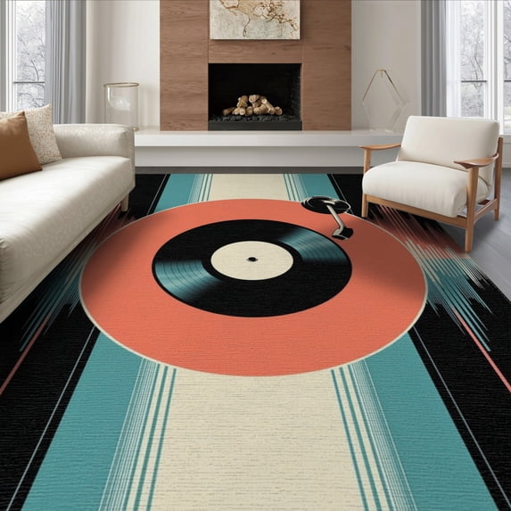 ODIKA Vinyl Record Minimalist Turntable Motif Retro Soundwave Border Non-Slip Chair-Friendly for Dining Room, Large Office, Lounge