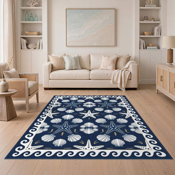ODIKA Wave Seashell Border Bathroom Coral Reef Starfish Ocean Nautical Playful Non-Slip Chair-Friendly for Dining Room, Under Table, Home Office