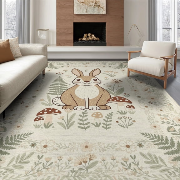 ODIKA Whimsical Bunny Woodland Forest Border Doormat Bedside Ripple Flowing Dynamic Non-Slip Chair-Friendly for Dining Room, Large Office, Lounge