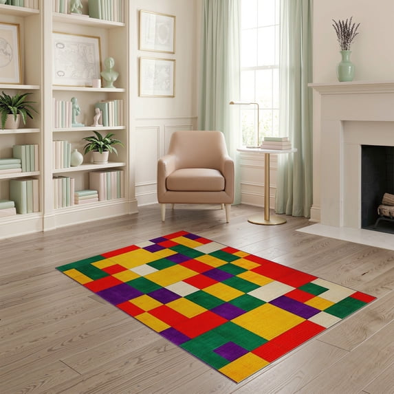 ODIKA Whimsical Checkered Maximalist Contemporary Funky Plush Hippie Stain Resistant Low Profile for Dorm Room, Small Living Apartment