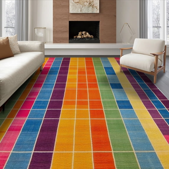 ODIKA Whimsical Checkered Stripe Maximalist Contemporary Funky Plush for Dining Room, Under Table, Office, Non-Slip Chair-Friendly Floor