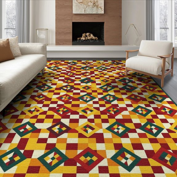 ODIKA Whimsical Funky Multicolor Grid Geometric Interlocking Maximalist Non-Slip Flatwoven for Living Room, Under Sectional, Family