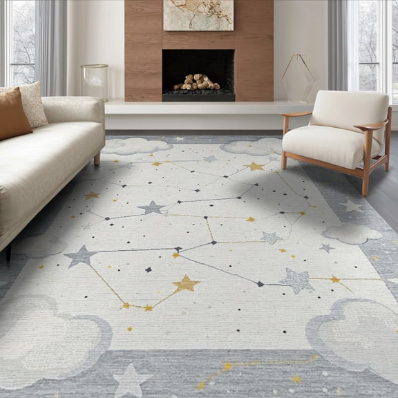 ODIKA Whimsy Constellation Grid Border Whimsical Motif Scatter Playful for Living Room, Under Sectional, Family , Non-Slip Flatwoven