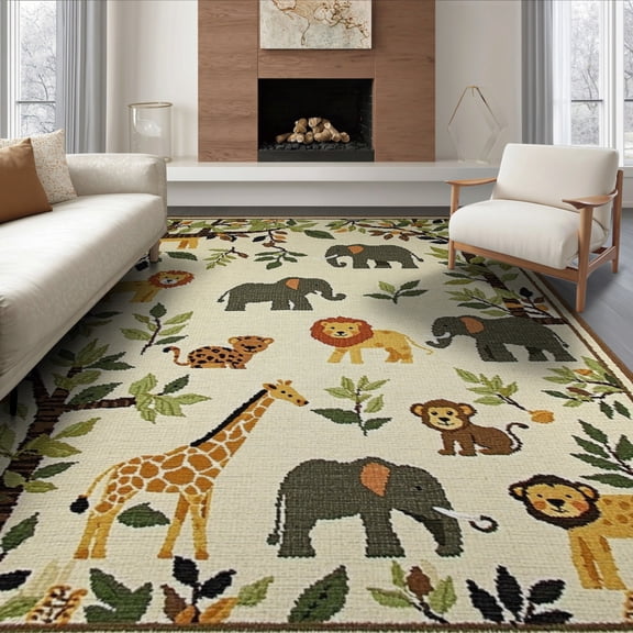 ODIKA Woodland Jungle Beige Parade Leaves Zoo Print Border Playroom Foldable Easy Care for King Size Bedroom, Master Suite, Under Bed