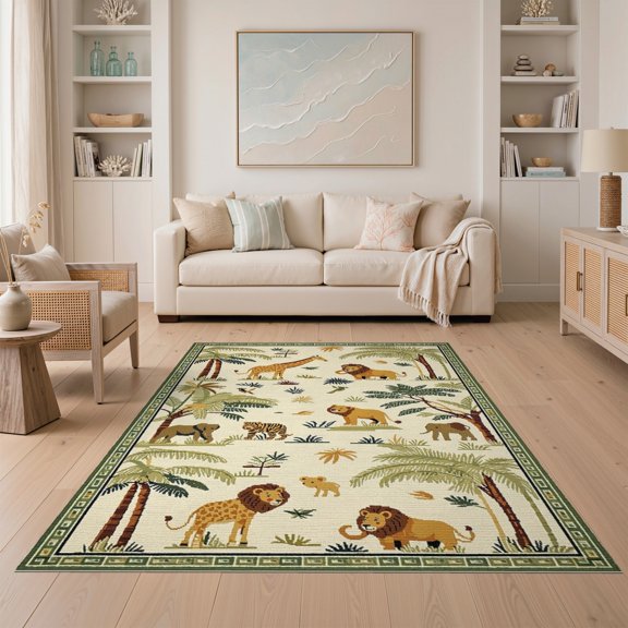 ODIKA Woodland Print Zoo Motif Border Jungle Themed Rectangular Beige for Dining Room, Under Table, Home Office, Non-Slip Chair-Friendly