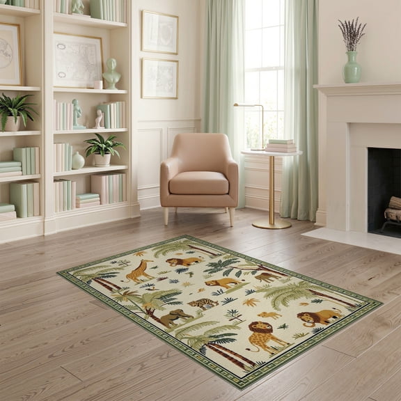 ODIKA Woodland Print Zoo Motif Border Jungle Themed Rectangular Beige for Home Office, Gaming Room, Under Desk, Non-Slip Chair-Friendly