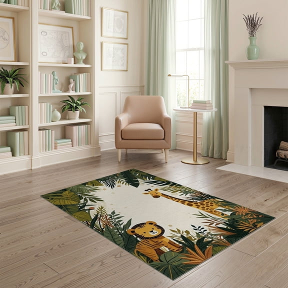 ODIKA Woodland Zoo Beige Print Menagerie Palms Jungle Border Playroom Pet Friendly & Kids Safe Play for Bedroom, Reading Nook