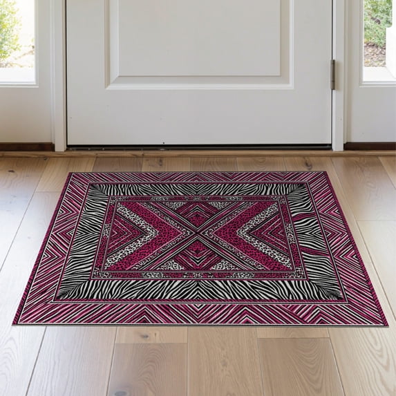 ODIKA Zebra Interlocking Pink Striped Panel Leopard Field Mixed Print for Entryway, Kitchen, Laundry Room, Stain Resistant Thin Throw