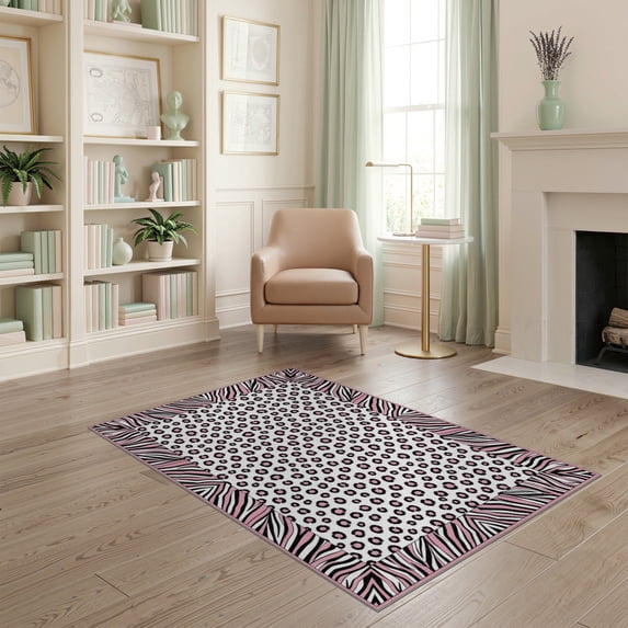 ODIKA Zebra Leopard Print Spotted Interlocking Stripe Frame Pink Mixed for Dorm Room, Small Living Apartment, Stain Resistant Low Profile