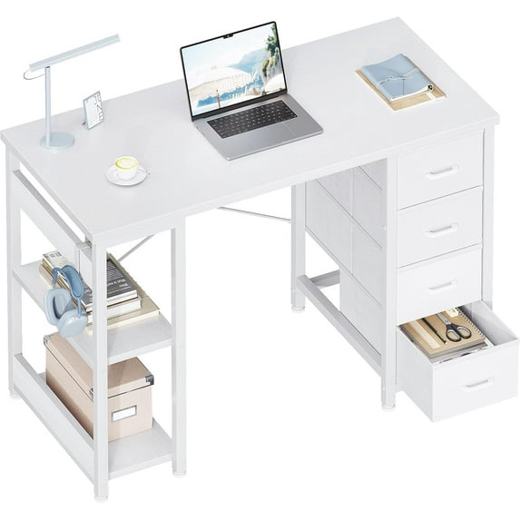 ODK 40 Inch Small White Computer Desk with 4 Fabric Drawers, Modern Office Desk for Home Office Gaming with Storage Shelves Study, White