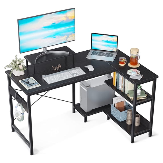 ODK 47 In Compact L Shaped Desk w/ Storage Shelves and Monitor Stand, Black