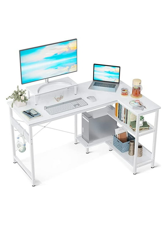 ODK 47 In Compact L Shaped Desk w/ Storage Shelves and Monitor Stand, White