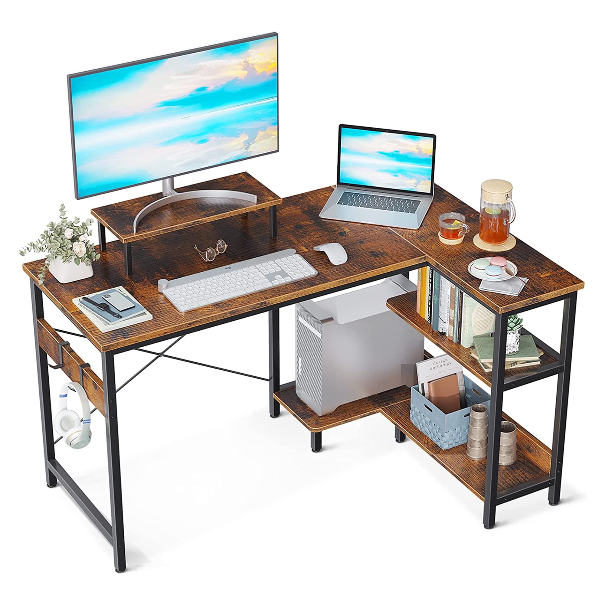 ODK 47 Inch Small L Shaped Desk w/ Shelves and Monitor Stand, Rustic ...