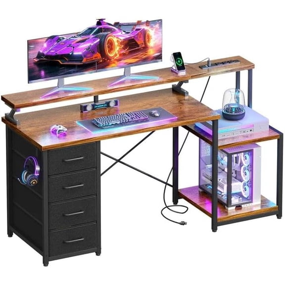 ODK 55 Inch Computer Desk with 4 Drawers, Office Desk with Power Outlets, Printer Shelf & Storage Shelves, Large Writing Study Table for Home, Bedroom, Study or Gaming Setup, Vintage