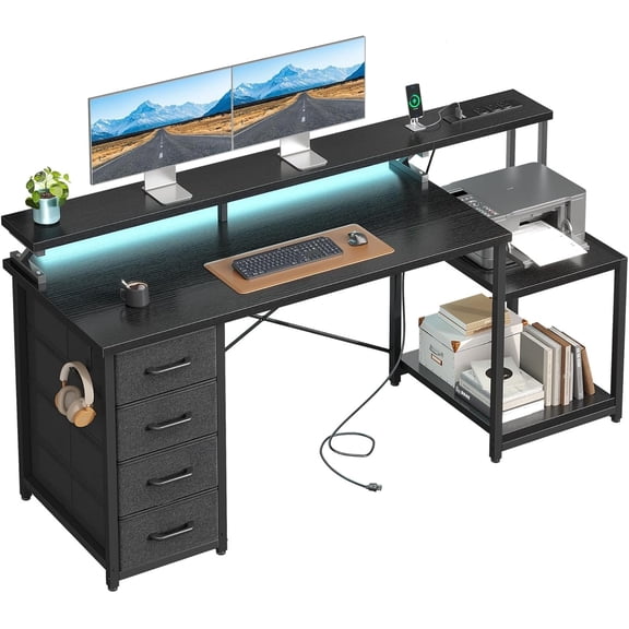 ODK 55 Inch Computer Desk with 4 Drawers, Office Desk with Power Outlets, Printer Shelf & Storage Shelves, Large Writing Study Table for Home, Bedroom, Study or Gaming Setup, Black