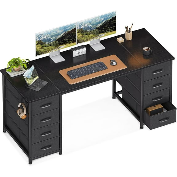 ODK 55 Inch Computer Desk with 8 Fabric Drawers, Modern Office Desk with Large Storage for Home Office, Study, Gaming, Black