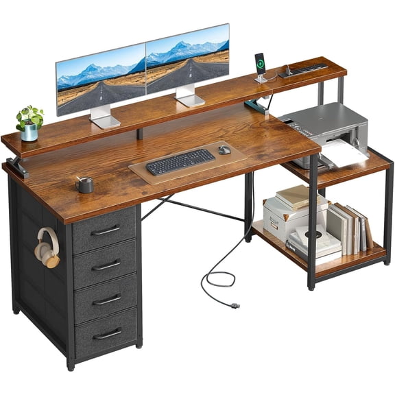 ODK 55 Inch Computer Desk with Power Outlets & 4 Drawers, Home Office Desk with Monitor Stand & Storage Shelves, Vintage