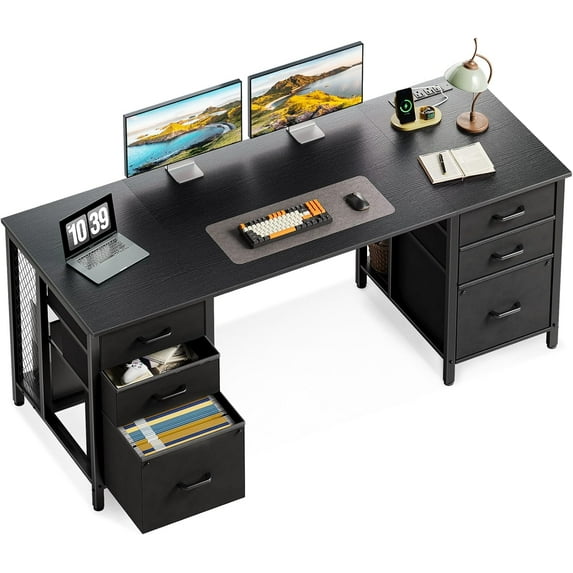 ODK 63 inch Office Desk with 6 Fabric Drawers & File Cabinets, Work from Home Computer Desk with Hidden Storage Stand, Black
