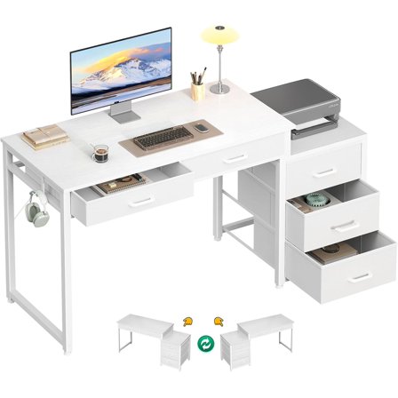 ODK Computer Desk with 5 Drawers, 53 Inch Office Desk for Kids Study, White Vanity Desk for Girls Dressing Room, Small Computer Table for Bedroom, White