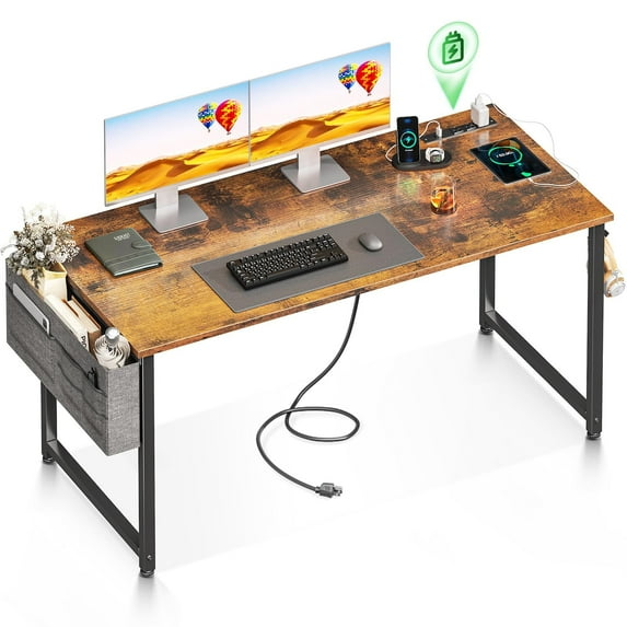 ODK Computer Desk - 55 Inch Office Writing Desk for Home, Student Study Desk with Storage Bag, Headphone Hook & Power Outlets, Modern Simple Table for Bedroom, Vintage