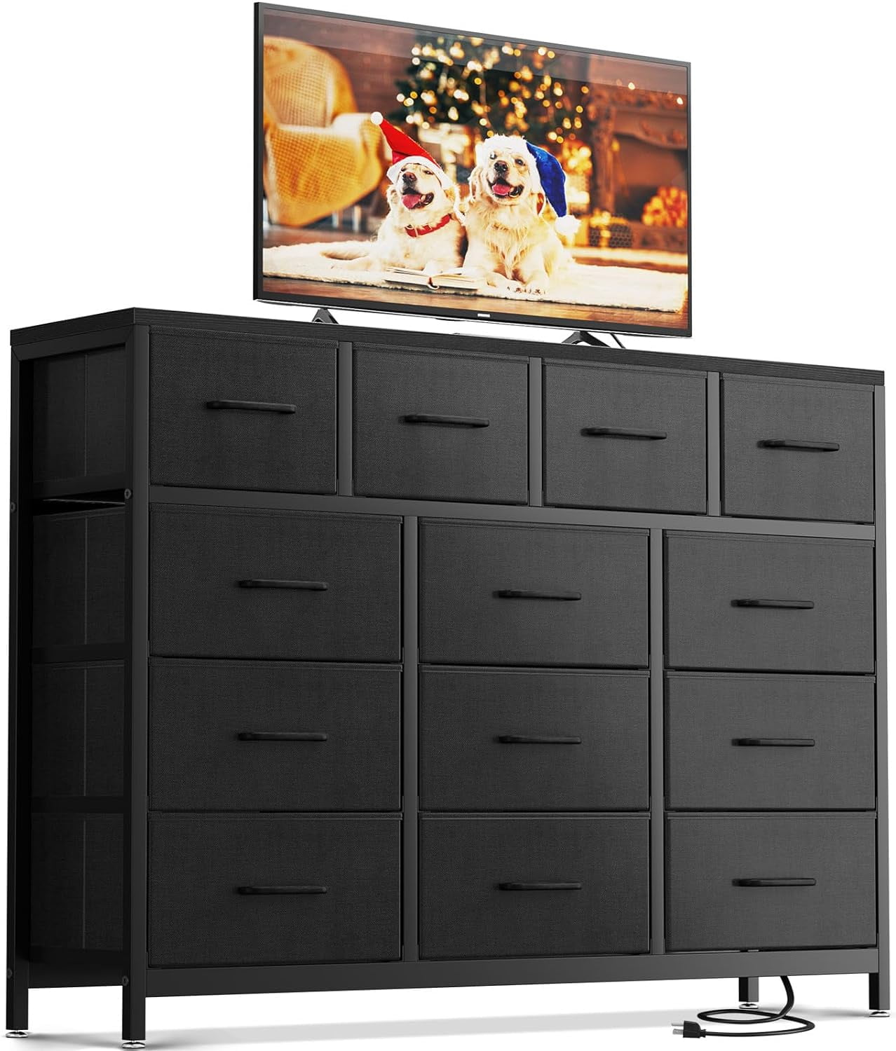 Black Fabric 57-Inch Dresser with Charging Station and 13 Drawers