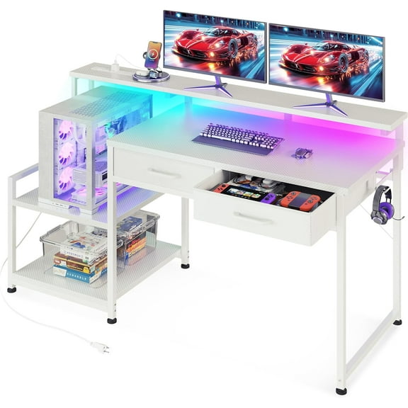 ODK Gaming Desk with Led Lights & Power Outlet, 48 Inch Computer Desk with Drawers, Office Desk with Large Display Storage Shelves, Reversible Desk with Monitor Stand for Home, Carbon Fiber White