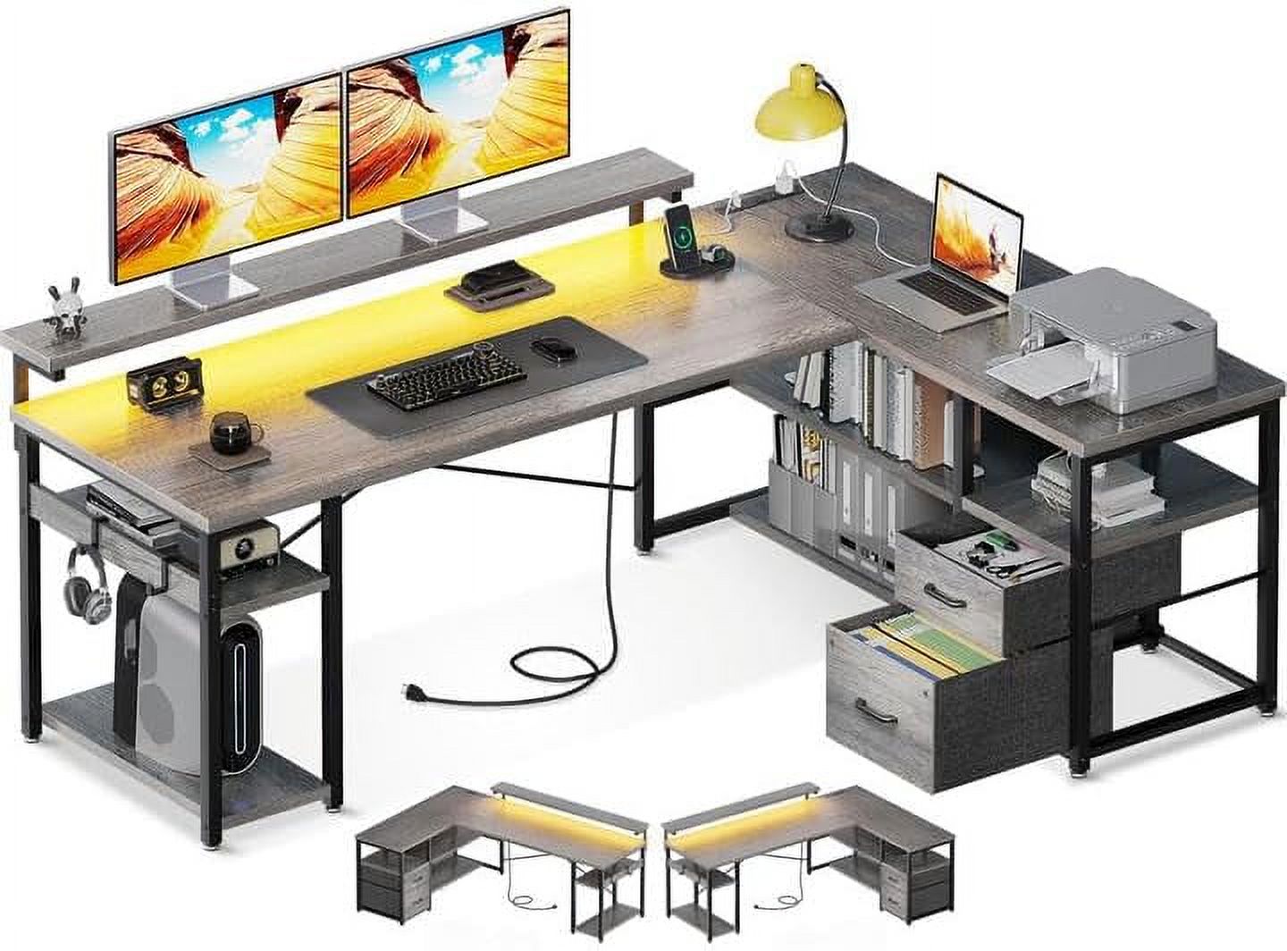 ODK L Shaped Gaming Desk with File Drawers, Reversible Computer Desk