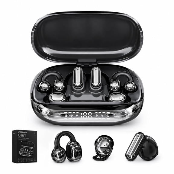 ODNPVOZ 6 in 1 Smart Wireless Earbuds, Open Ear Clip on Sleep Headphones, Bluetooth 6 0, Power Bank Charging Case, LED Display Touch Control, Low Latency Spatial Audio, AI Noise Reduction