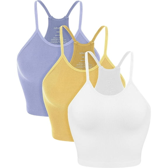 ODODOS Women's Crop 3-Pack Washed Seamless Rib-Knit Camisole Crop Tank Top