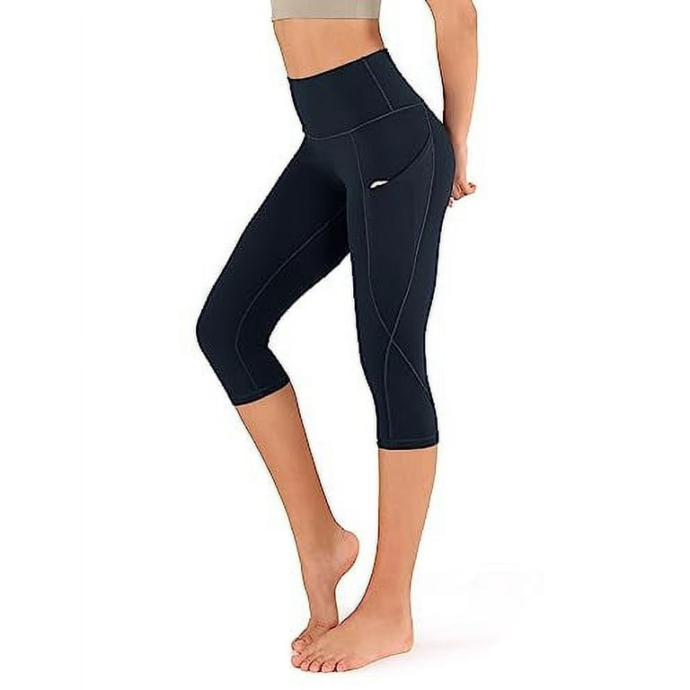 ODODOS Women's High Waisted Yoga Capris with Pockets,Tummy Control Non See  Through Workout Sports Running Capri Leggings, Plus Size, Navy,XX-Large